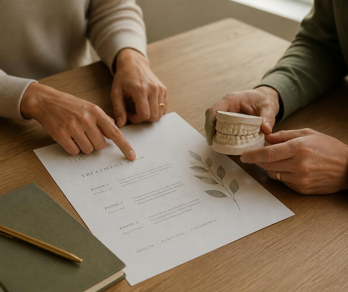 Hands reviewing a phased treatment plan and study model at a wooden desk